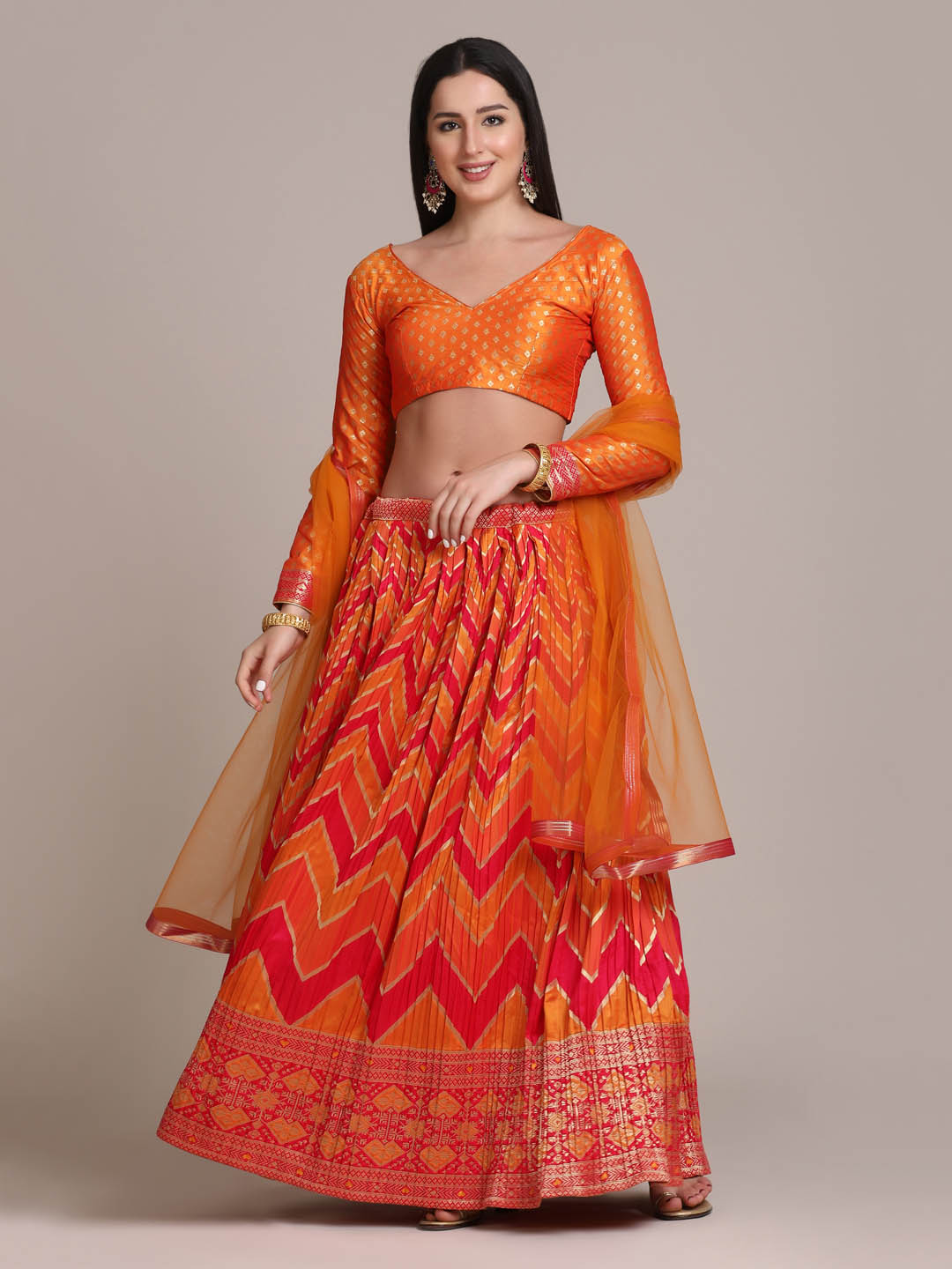 Orange Zari Waving Lehenga