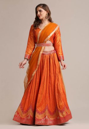 Silk Blend Orange Lehenga