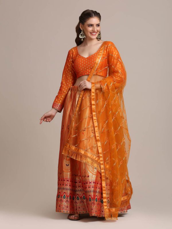 Jacquard Silk Orange Lehenga Choli