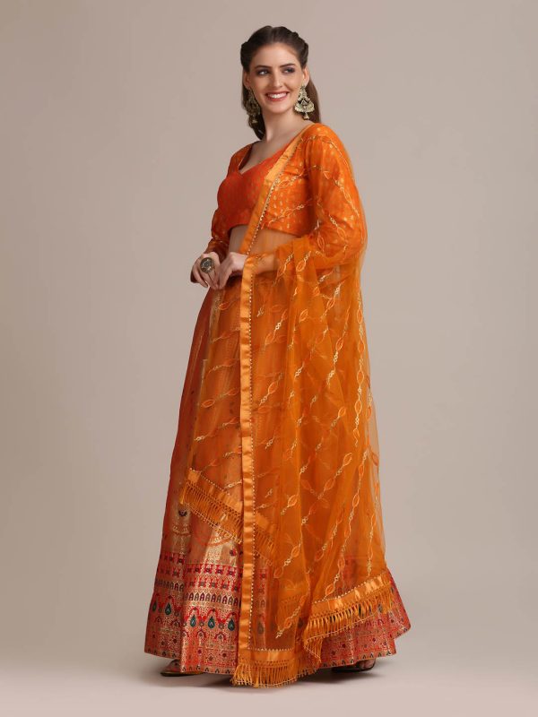 Jacquard Silk Orange Lehenga Choli