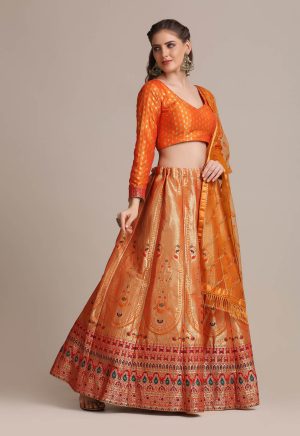 Jacquard Silk Orange Lehenga Choli