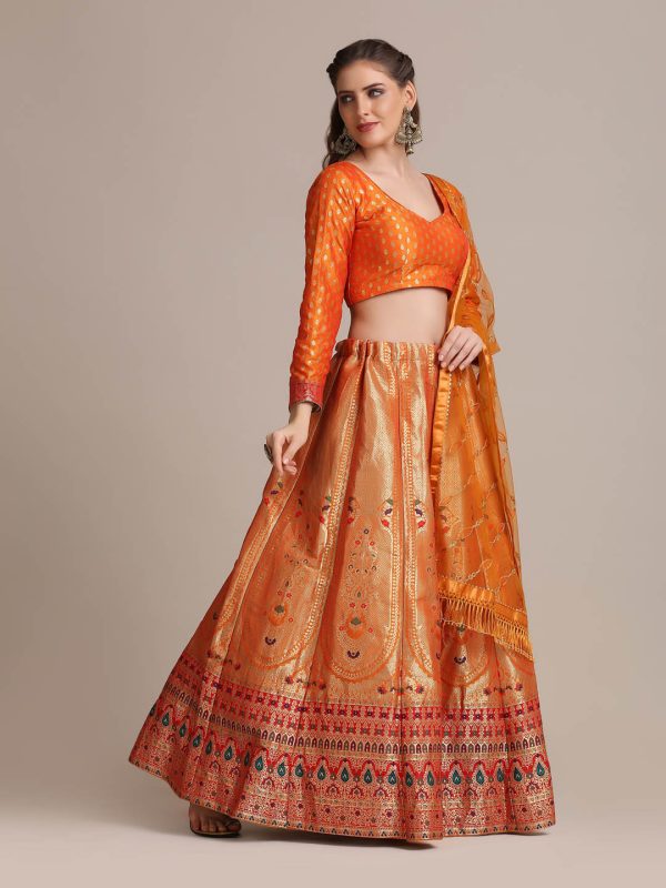 Jacquard Silk Orange Lehenga Choli