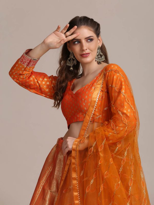 Jacquard Silk Orange Lehenga Choli