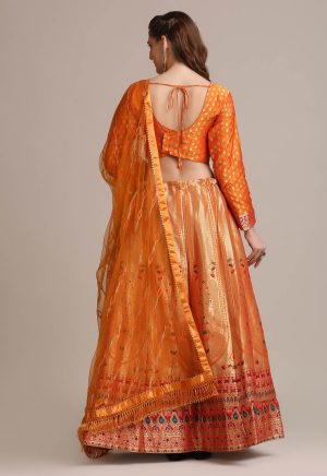 Jacquard Silk Orange Lehenga Choli