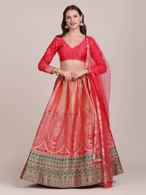 Jacquard Silk Red Lehenga Choli