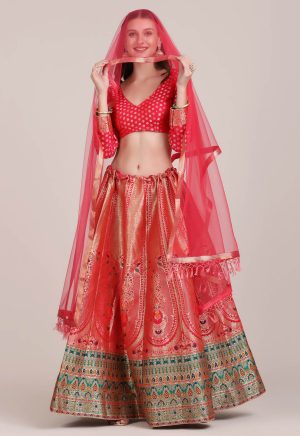 Jacquard Silk Red Lehenga Choli