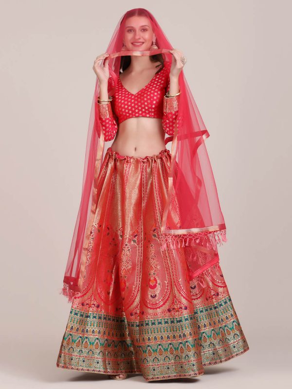 Jacquard Silk Red Lehenga Choli