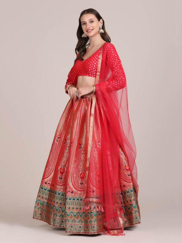 Jacquard Silk Red Lehenga Choli