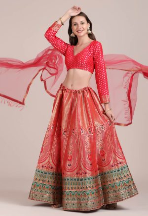 Jacquard Silk Red Lehenga Choli