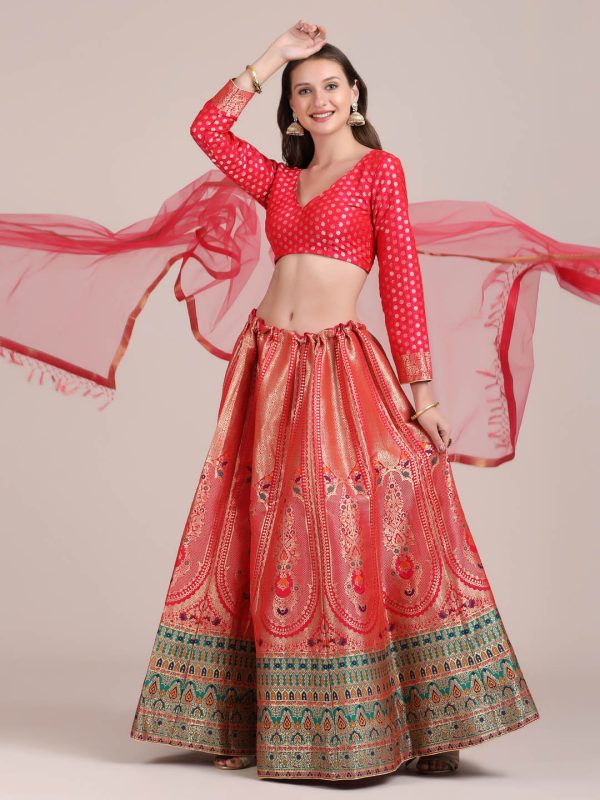 Jacquard Silk Red Lehenga Choli