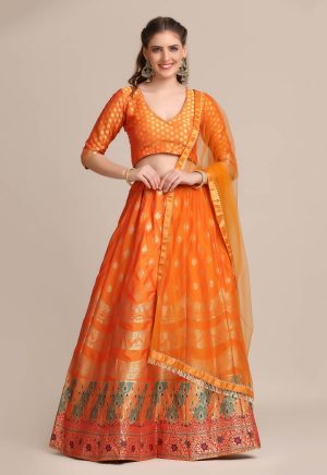 Woven Work Orange Lehenga