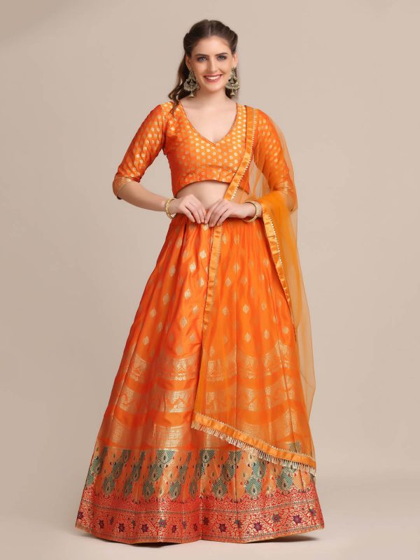 Woven Work Orange Lehenga