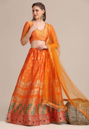 Woven Work Orange Lehenga