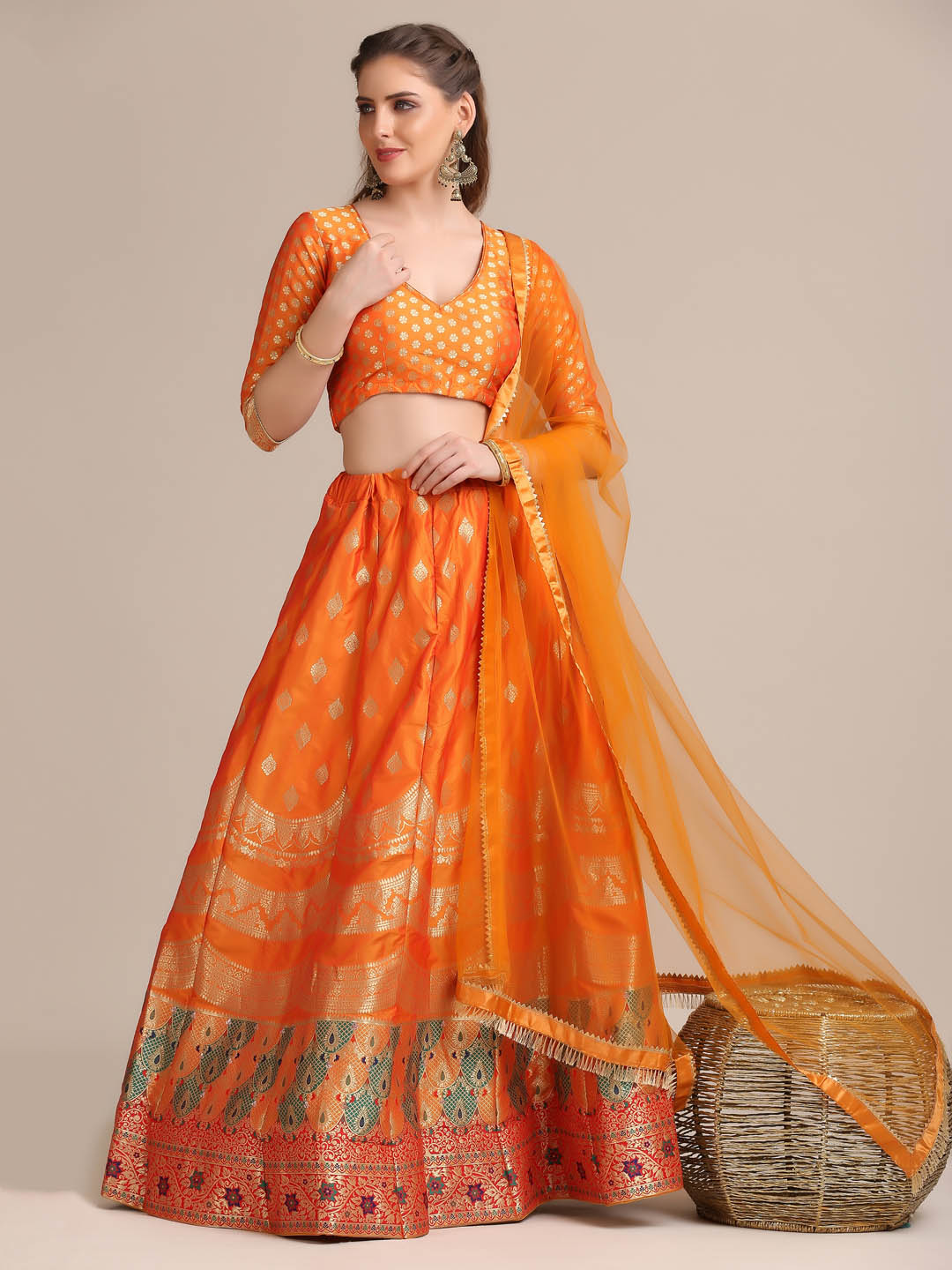 Woven Work Orange Lehenga