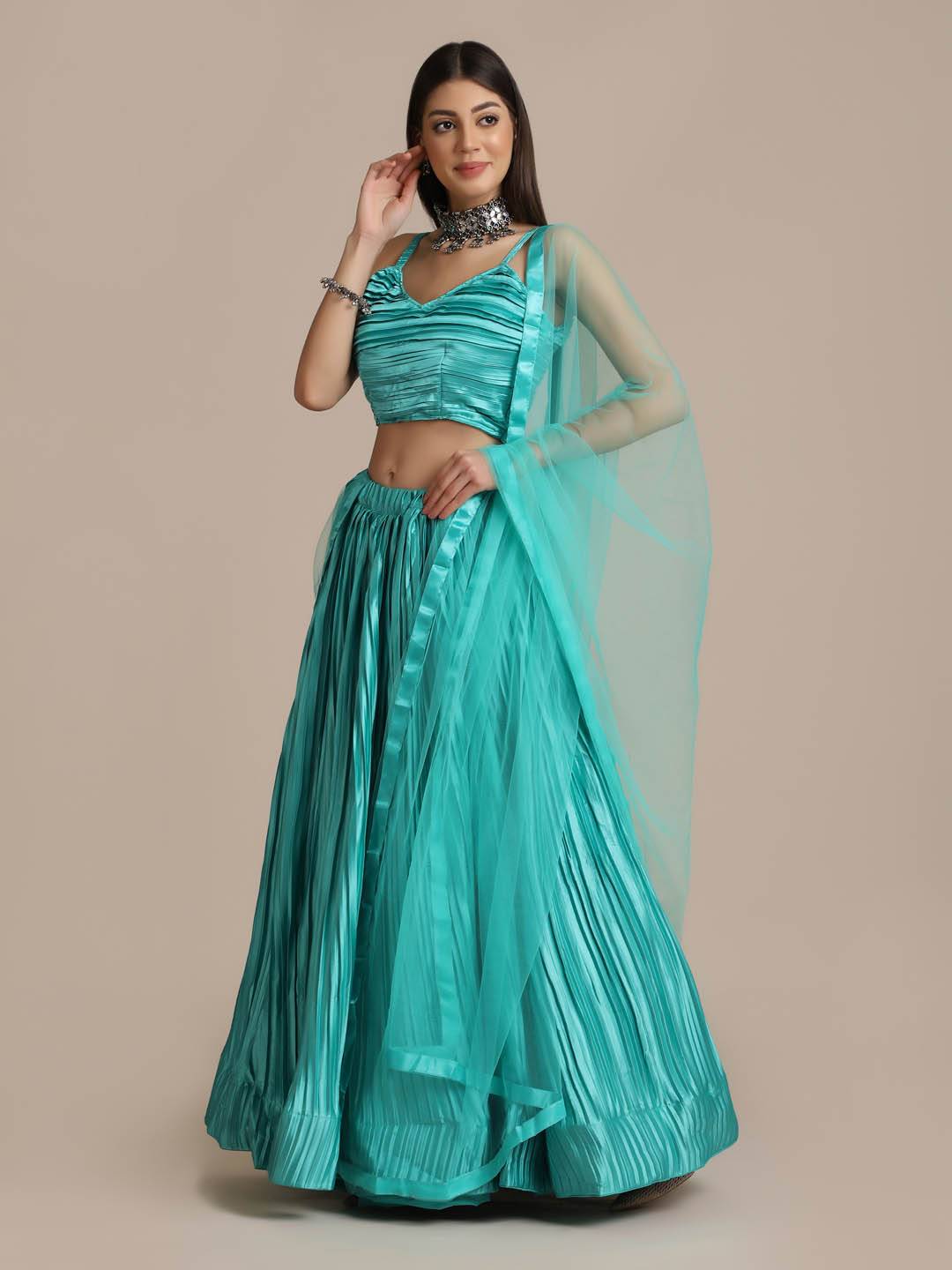 Satin Sea Green Lehenga