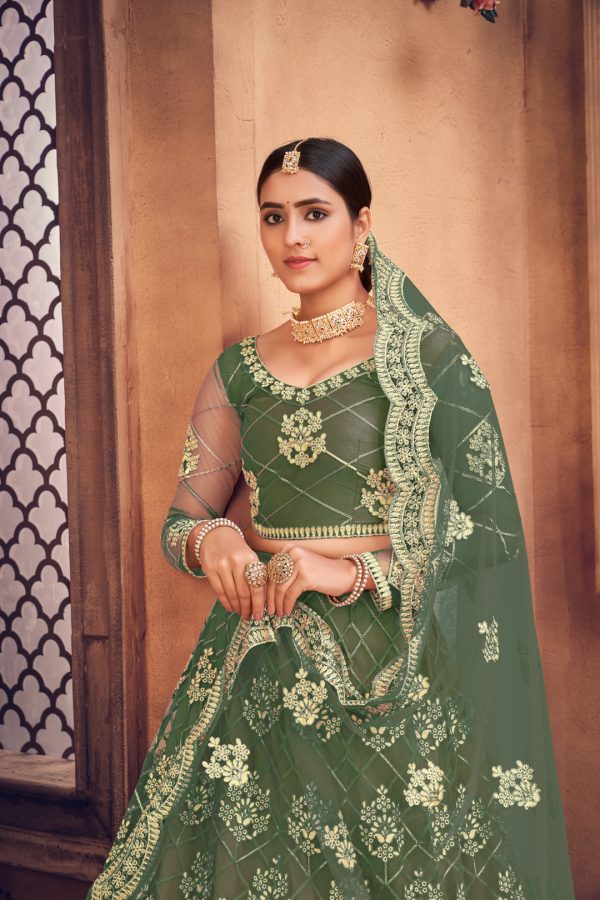 Green Net Embellished Lehenga