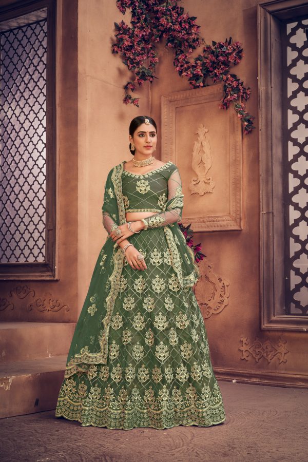 Green Net Embellished Lehenga