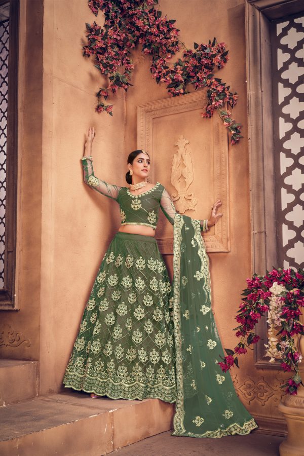 Green Net Embellished Lehenga