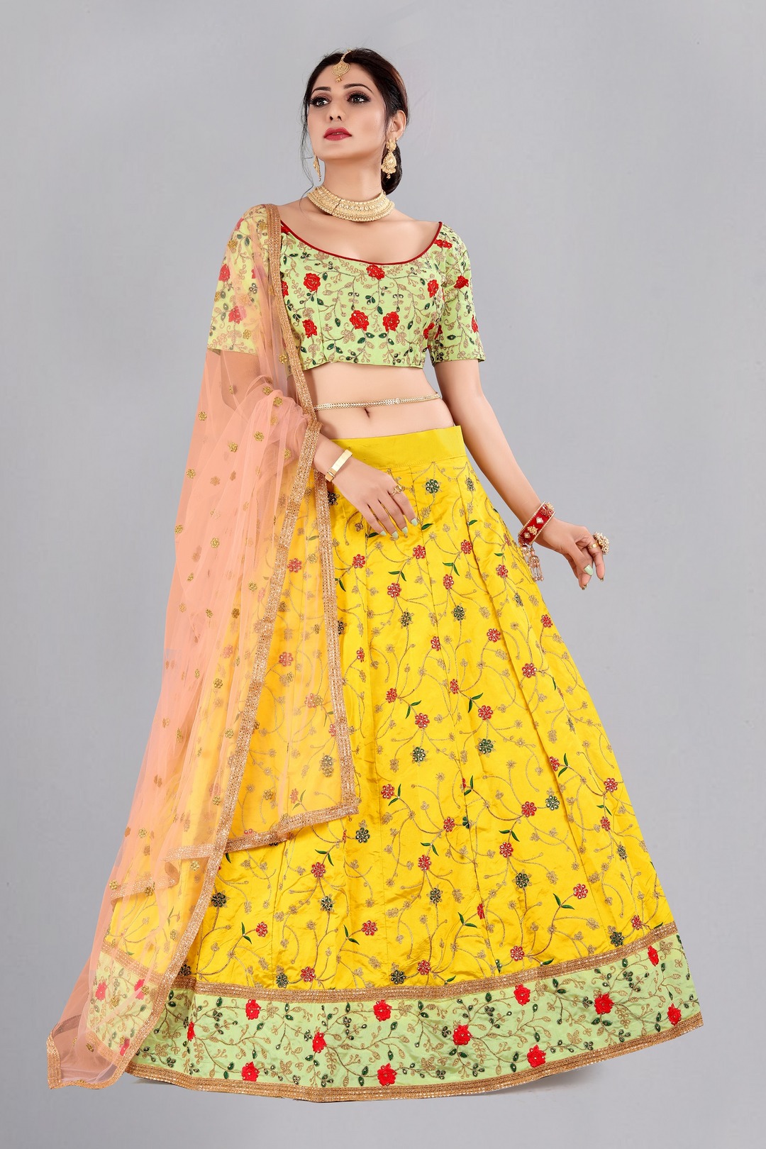 Floral Embroidered Yellow Lehenga Choli