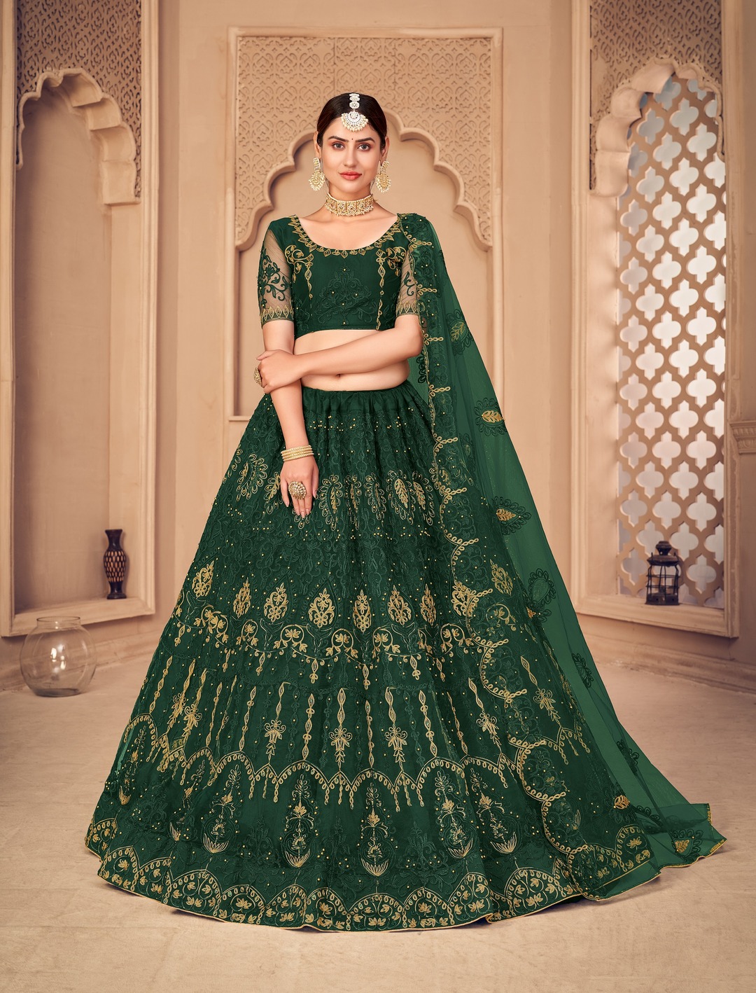 Net Dark Green Lehenga