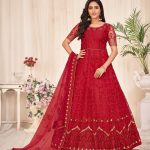 Embroidered Red Net Anarkali Suit