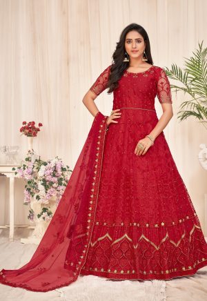 Embroidered Red Net Anarkali Suit