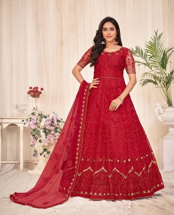 Embroidered Red Net Anarkali Suit