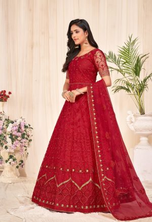 Embroidered Red Net Anarkali Suit