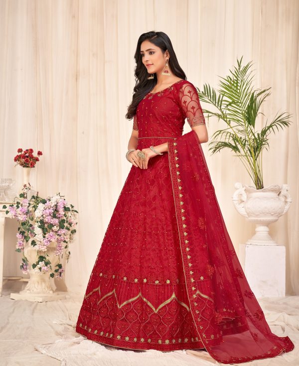 Embroidered Red Net Anarkali Suit