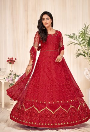 Embroidered Red Net Anarkali Suit