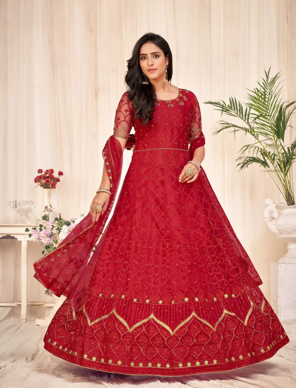 Embroidered Red Net Anarkali Suit