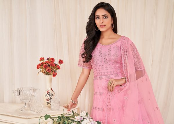 Embroidered Pink Net Anarkali Suit