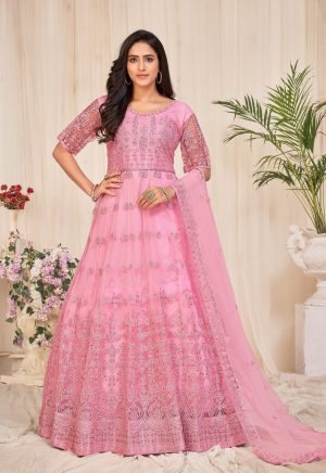 Embroidered Pink Net Anarkali Suit