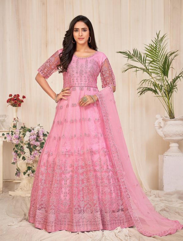 Embroidered Pink Net Anarkali Suit