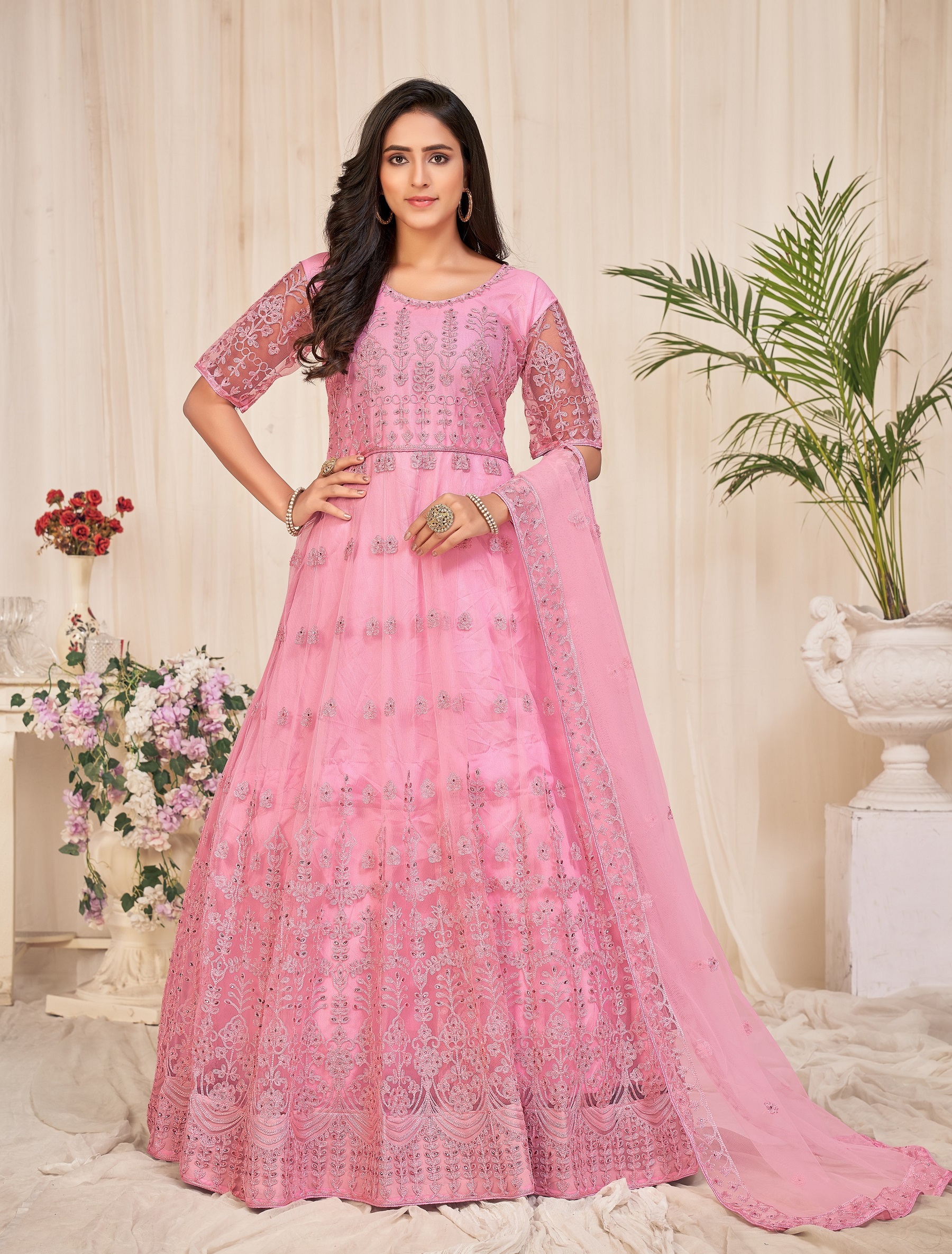 Embroidered Pink Net Anarkali Suit