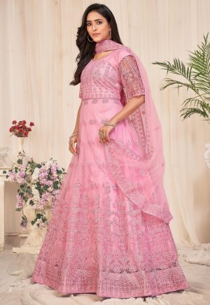 Embroidered Pink Net Anarkali Suit