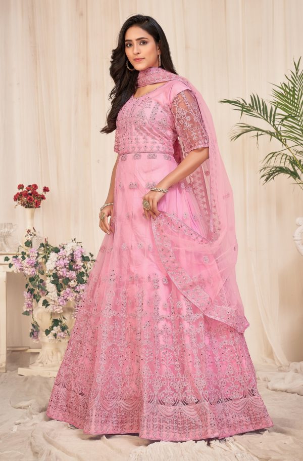 Embroidered Pink Net Anarkali Suit