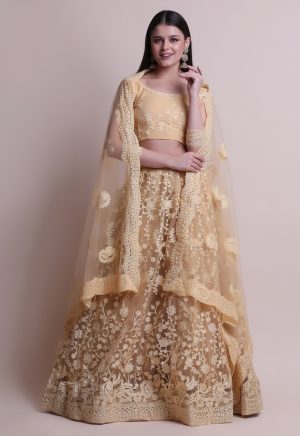 Golden Brown Net Embroidered Lehenga