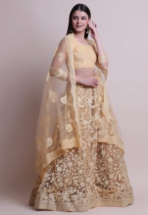 Golden Brown Net Embroidered Lehenga