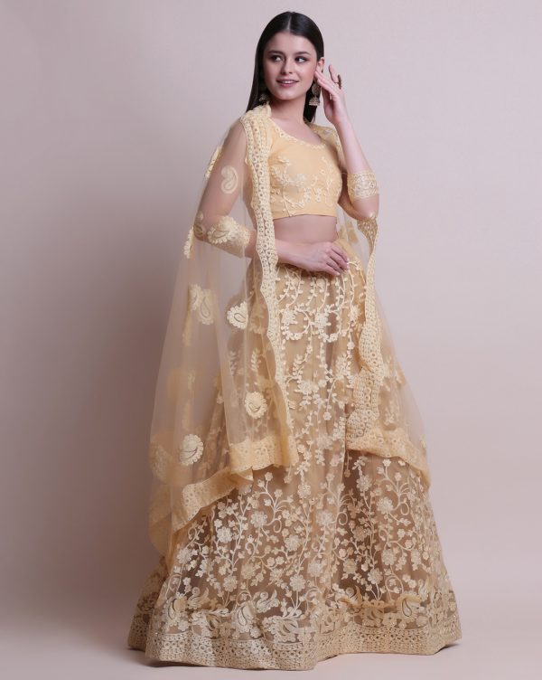 Golden Brown Net Embroidered Lehenga