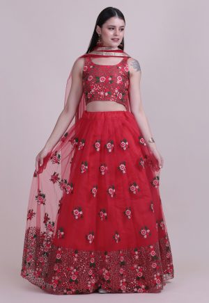 Rose Red Floral Lehenga