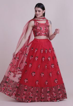 Rose Red Floral Lehenga