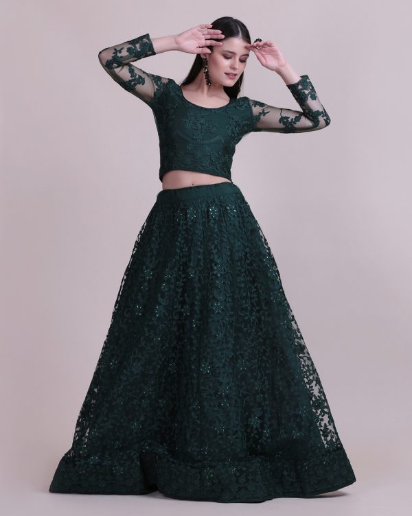 Green Net Floral Lehenga