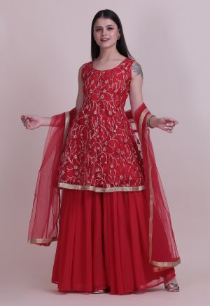 Embroidery Net Red Sharara Suit