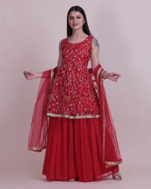 Embroidery Net Red Sharara Suit