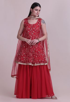 Embroidery Net Red Sharara Suit