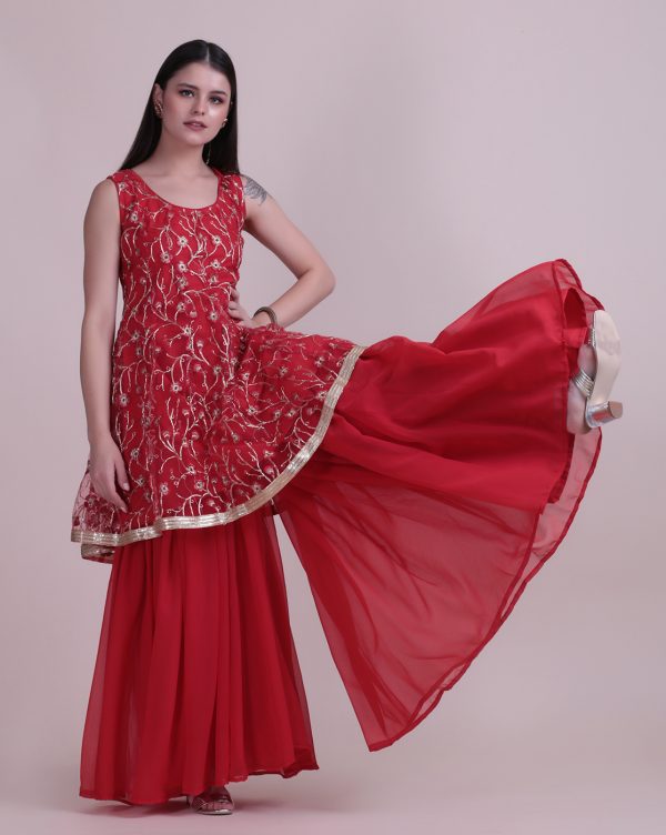 Embroidery Net Red Sharara Suit