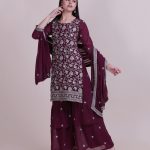 Purple Net Embroidered Sharara Suit