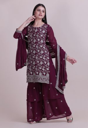 Purple Net Embroidered Sharara Suit