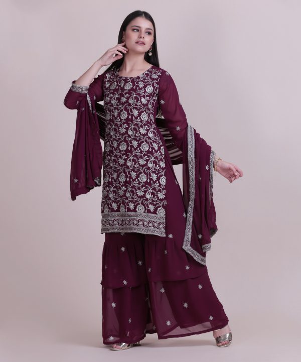 Purple Net Embroidered Sharara Suit